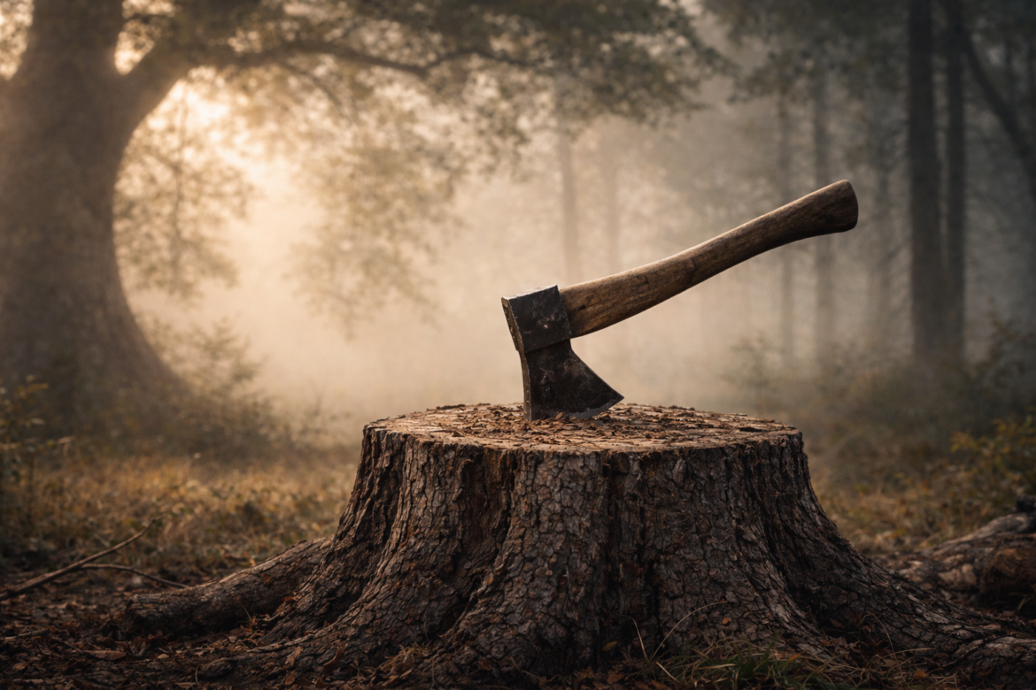 Axe embedded in a tree stump in a foggy forest at sunrise
