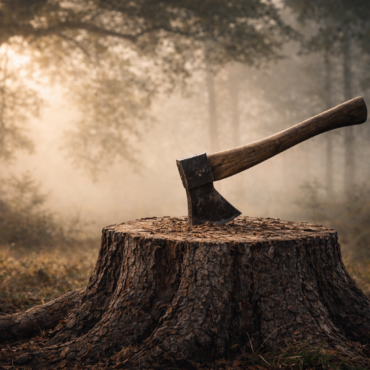 Axe embedded in a tree stump in a foggy forest at sunrise