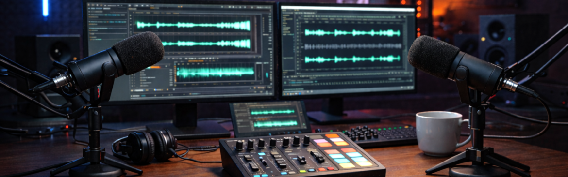 Moody podcast studio with two microphones, a small mixer, and three monitors displaying audio waveforms under blue-orange accent lighting.