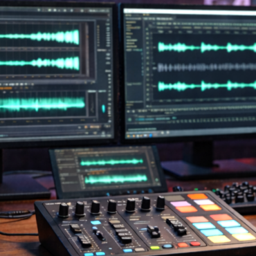 Moody podcast studio with two microphones, a small mixer, and three monitors displaying audio waveforms under blue-orange accent lighting.